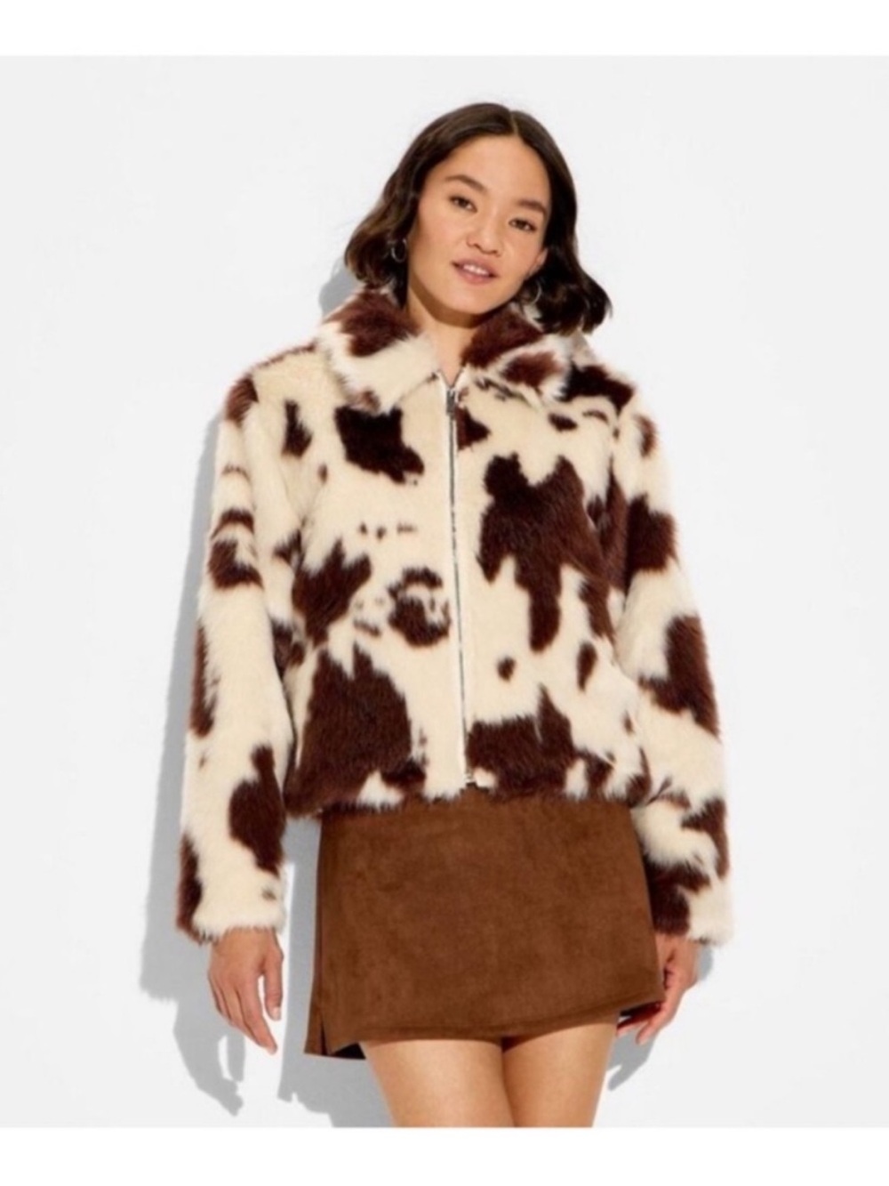 NWT Wild Fable Womens Faux Fur Cow-Print Zip Jacket in Cream & Brown